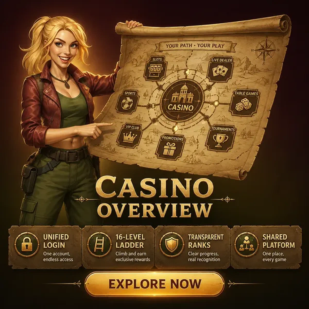 Lange blonde casinonavigator ontrolt elegante kaartrol met Rolldorado Casino overzichtsfuncties