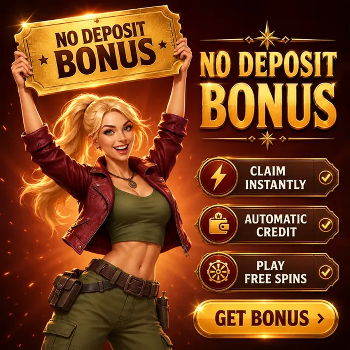 Enthousiaste vrouw die gouden no deposit bonus voucher vasthoudt bij Rolldorado welkom