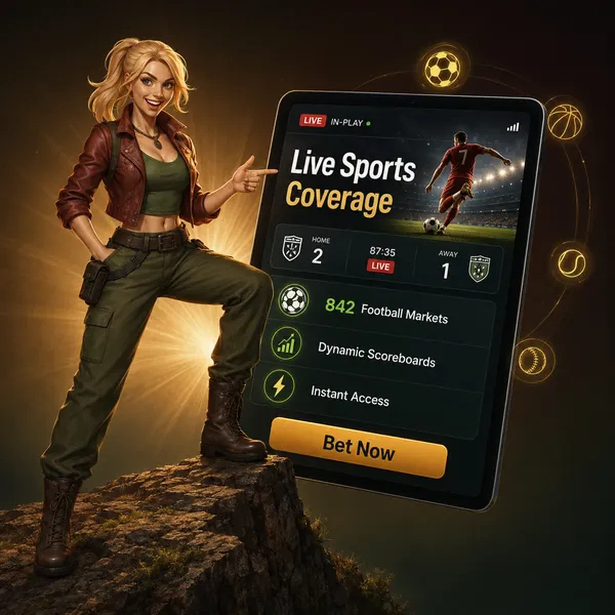 Atletische vrouw die gebaart naar sportweddenschappen-tablet die live dekking toont bij Live Sportdekking Nu