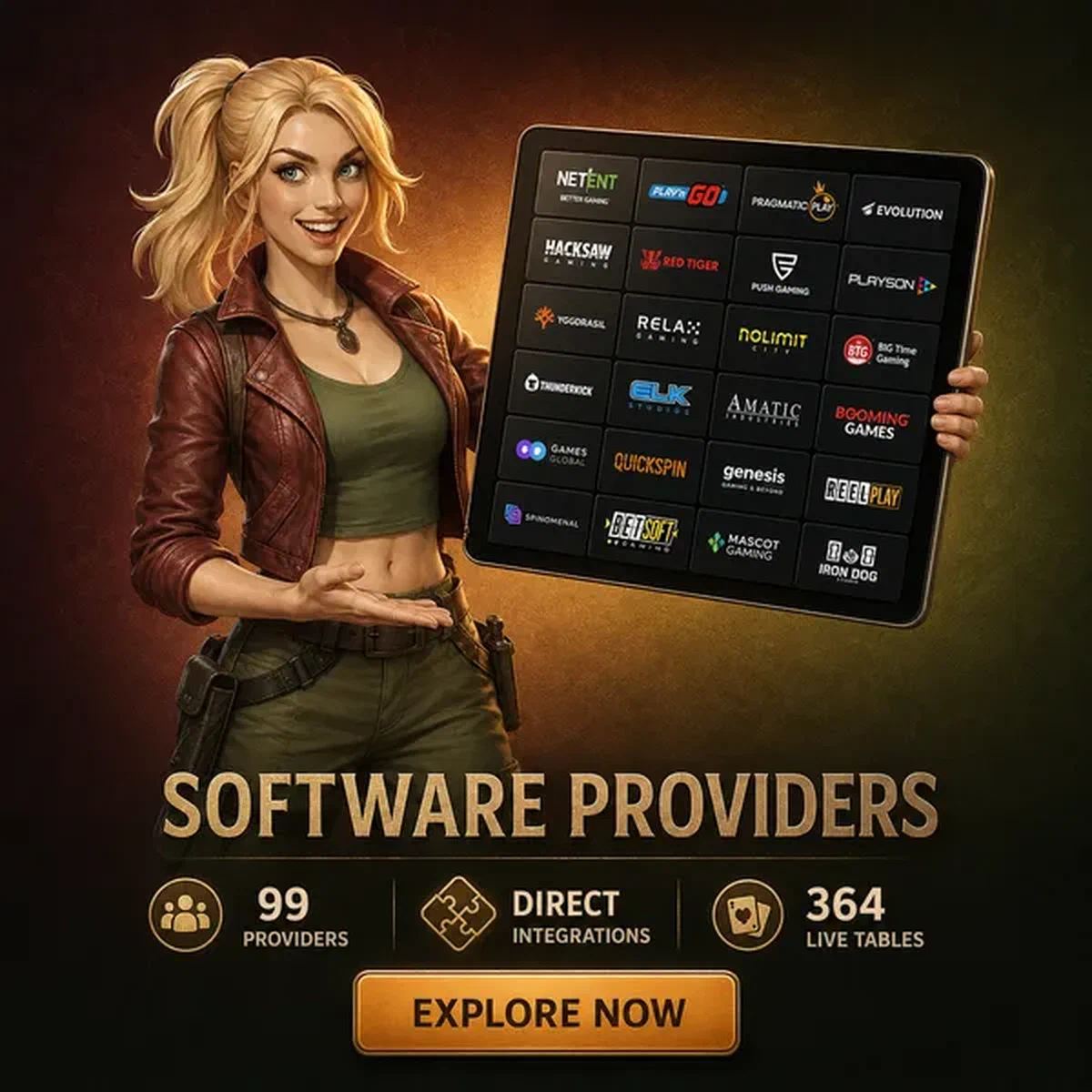 Rolldorado Software Providers getoond op tablet door zelfverzekerd personage in canyonstation